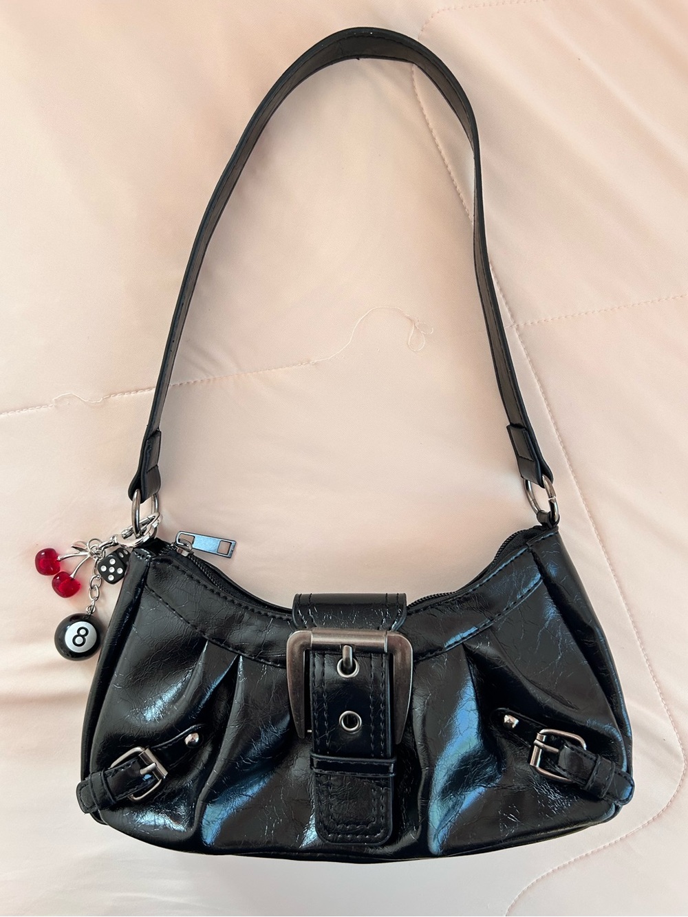 Y2K Black Patent Mini Shoulder Bag w/ Detachable Cherry & 8-Ball Bag Charm
